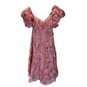 Gingham & Heels Pink/Gold Floral Off-Shoulder Puff Sleeve Dress 12 party coctai‎